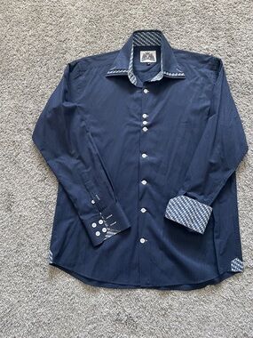 Bogosse “Adam” Men’s Navy Pattern Dress Shirt BG Crest Flip Cuff - Size 4 (L)